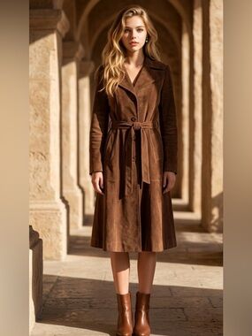 Vintage Y2K Le Chateau Brown Suede Trench Coat with Belt